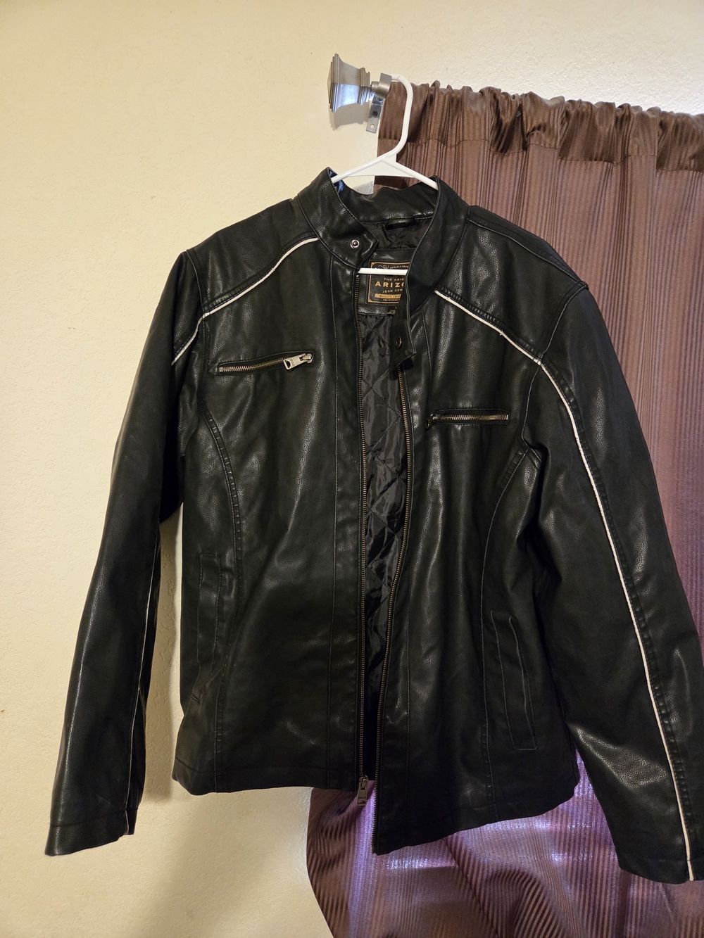 Arizona Jean Company Black Faux Leather Bomber Jacket with White Piping